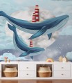 Przepiękna morska fototapeta dziecięca z wielorybami i latarniami morskimi. Abstrakcyjna grafika, łącząca niebo i morskie ssaki pobudzi wyobraźnię każdego dziecka