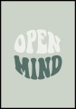 Graficzny plakat z napisem "open mind" - "otwarty umysł". Ciekawa dekoracja do pracowni kreatywnych, klas czy biur