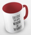 kolorowy kubek z hasłem - first five days after weekend are the hardest - kolor czerwony.jpg