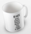 kolorowy kubek z hasłem - my week is monday, monday 2, monday 3, monday 4, friday, saturday, pre-monday - kolor biały.jpg