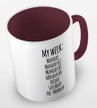 kolorowy kubek z hasłem - my week is monday, monday 2, monday 3, monday 4, friday, saturday, pre-monday - kolor bordowy.jpg