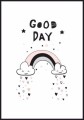 Ilustracja do pokoju dla chłopca i dziewczynki z białym marginesem dookoła. Obrazek z hasłem "Good day" - "dobrego dnia"