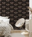 Ciemna tapeta z delikatnymi ważkami ułożonymi w symetryczny wzór. Wizualizacja tapety w ważki na ścianie w pomieszczeniu.