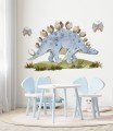 Dziecięca naklejka na ścianę z niebieskim dinozaurem stegozaurem w pastelowym odcieniu.