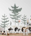 Naklejki na ścianę choinki pokazane w formie wizualizacji w pokoju dziecięcym. Zieleń drzewek doskonale kontrastuje z jasnym kolorem ściany.
