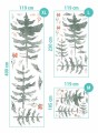 Naklejki choinki rozłożone na arkuszach, na których są drukowane. Pokazują zależności między drzewkami i roślinkami. Dodatkowo zostały opisane rozmiary z wymiarami.