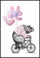 Plakat dziecięcy duży niedźwiedź na rowerze w pasiastym swetrze z balonikami - napisem LOVE.