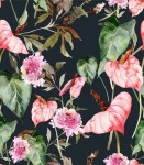 Próbka tapety anturium i liście piwonii na ciemnym tle