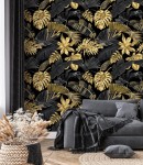 Tapeta złote i czarne liście tropikalne