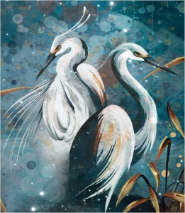 Próbka tapety ptaki stojące w liściach