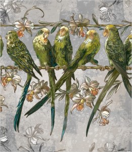 Próbka tapety parrots in flowers on a perch 