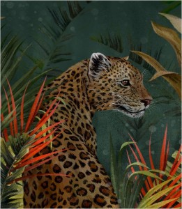 Próbka tapety wild cat in tropical leaves