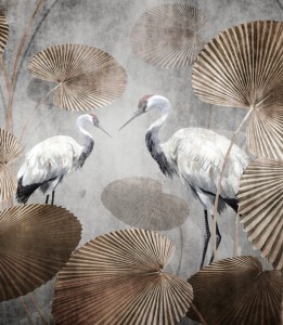 Próbka tapety dżungla z żurawiem i palmami