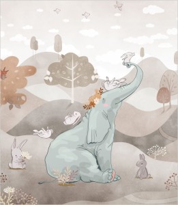 Próbka tapety słoń i zające na łące