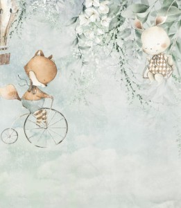 Próbka tapety lis i króliczek z balonami w tle