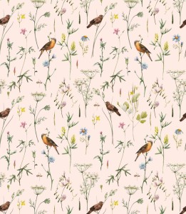 Próbka tapety roślinki i ptaszki na beżowym tle