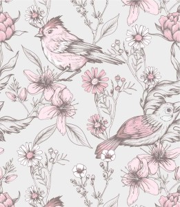 Próbka tapety ptaszki wśród kwiatów
