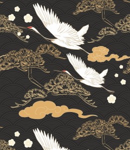 Próbka tapety żurawie wśród drzew bonsai