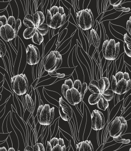 Próbka tapety tulipany na czarnym tle