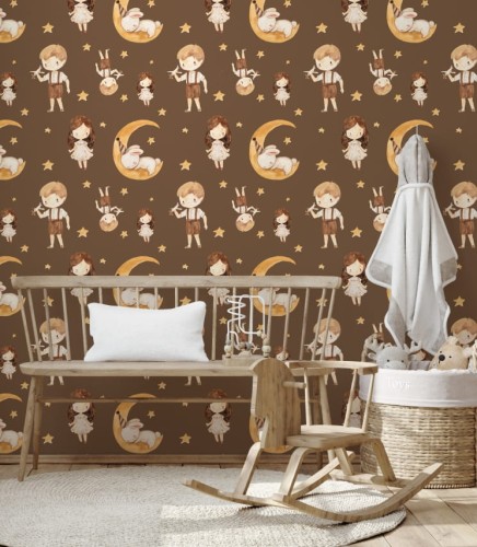 Brązowa, przytulna tapeta ze wzorem słodkich króliczków oraz uroczych dziewczynki i chłopca
