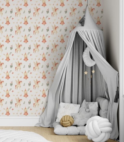 Jasna, delikatna tapeta w koniki ze skrzydłami i księżniczki