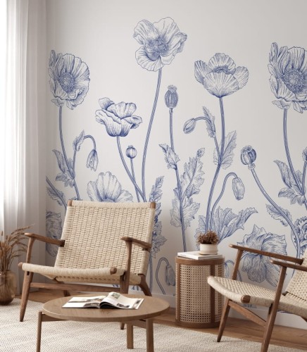 Tapeta w niebieskie ciemnoniebieskie kwiaty maku na jasnoszarym tle