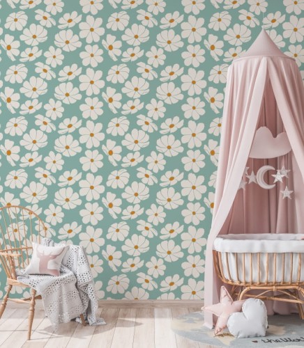 Delikatna kwiatowa tapeta z jasnymi roślinkami na zielonym podłożu