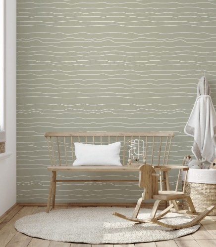 Ciekawa, zielonkawa tapeta w nieregularne fale będzie oryginalną ozdobą dziecięcego pokoju