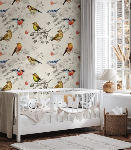 Urocza dziecięca tapeta w kolorowe ptaszki, która ozdobi pokój dziewczynki i chłopca, wprowadzając dzieci w klimat bajkowego lasu