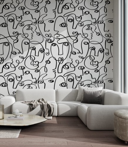 Interesująca, nowoczesna tapeta w kolorze biało-czarnym ze wzorem twarzy narysowanej linią