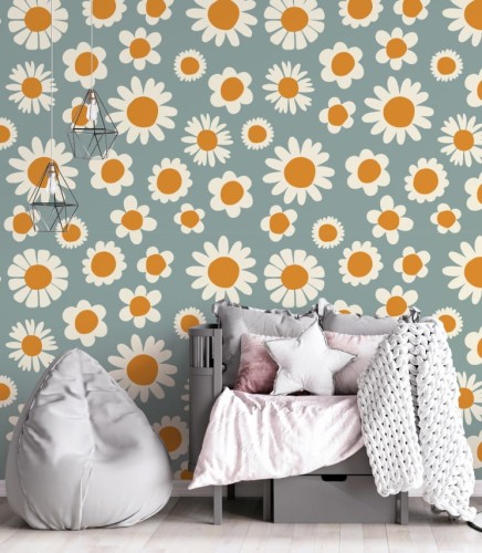 Urocza tapeta w starym stylu w kolorowe stokrotki. Ta tapeta w kwiaty będzie pasować do pokoju dziecka, jak i osoby dorosłej