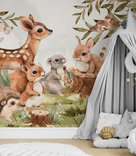 Tapeta z uroczymi mieszkańcami lasu w bajkowym stylu, która stworzy niezwykle ciepły i przytulny klimat w pokoju dziecka