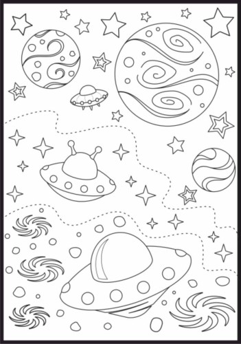 Plakat - kolorowanka planety i statki kosmiczne