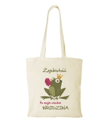 Torebka bawełniana z panią żabą i zabawnym napisem "żajebistość to moja cecha wrodzona". Wzór może być prezentem dla dziewczyny, partnerki, żony, koleżanki