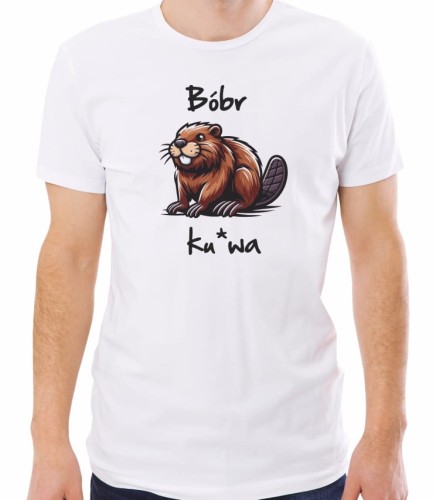 Biała męska koszulka bóbr ku*wa