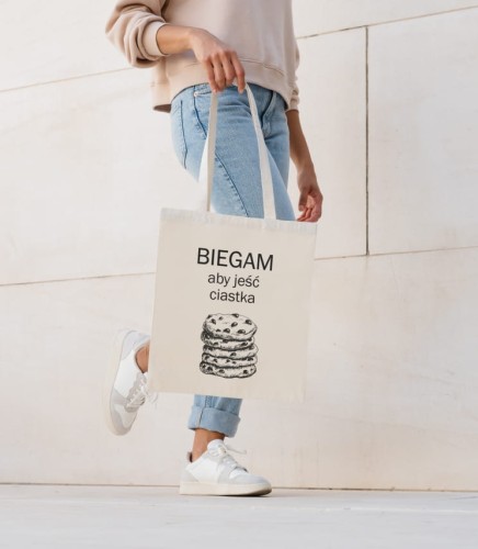 Torba na zakupy z wymownym tekstem, która przyda się każdemu biegaczowi lubiącemu zjeść od czasu do czasu coś słodkiego
