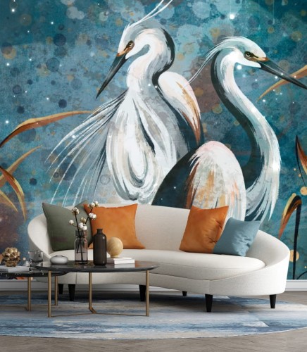 Przepiękna, graficzna, niebieska tapeta z ptakami na abstrakcyjnym tle