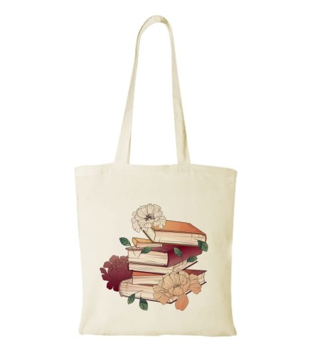 Bawełniana torebka na zakupy z nadrukiem książek oraz kwiatów. Torebka świetna na prezent na Dzień Nauczyciela