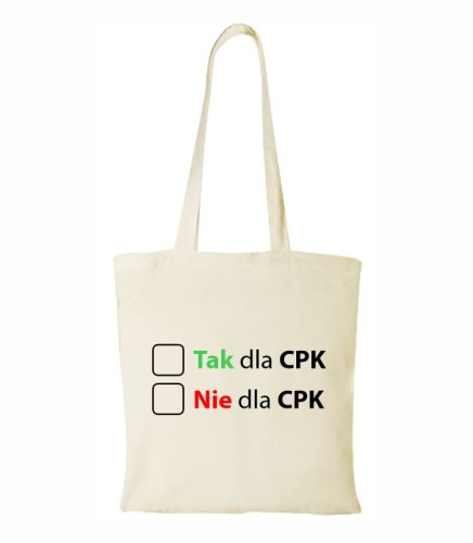 Torebka na zakupy z długimi uszkami z nadrukiem nawiązującym do Centralnego Portu Komunikacyjnego w Polsce
