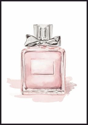 Ilustracja na ścianę  - flakon dziewczęcych różowych perfum z szarą kokardą