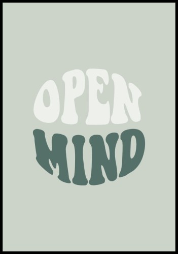 Graficzny plakat z napisem "open mind" - "otwarty umysł". Ciekawa dekoracja do pracowni kreatywnych, klas czy biur