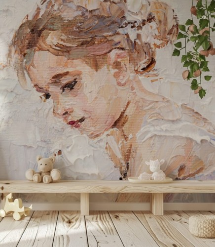 Artystyczna, jasna tapeta ze wzorem imitującym płótno malarskie. Tapeta z obrazem dziewczynki wspaniale ozdobi jasne pomieszczenia z naturalnymi meblami i dodatkami.