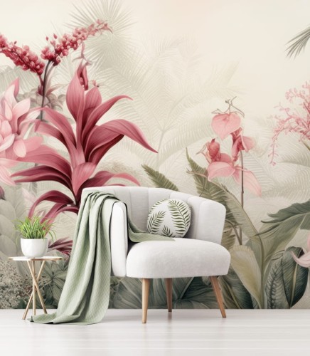 Oryginalna tapeta roślinna w delikatnych kolorach. Wzór tajemniczego ogrodu botanicznego wprowadzi do pomieszczeń letni klimat.