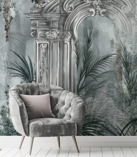 Szara fototapeta, która łączy styl klasycznych kolumn z egzotyczną roślinnością. Taki wzór wniesie do pomieszczenia elegancje i naturalność jednocześnie