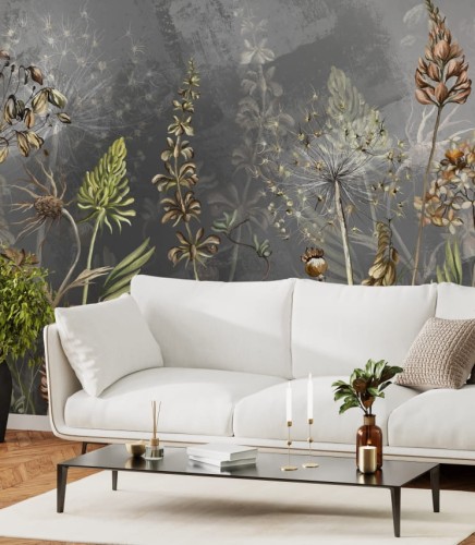 Ciemna fototapeta z obrazem suchej roślinności. Okazały wzór na tapecie będzie pięknym tłem do wypoczynku w salonie lub w sypialni. Sprawdzi się w pomieszczeniach z jasnymi meblami, także drewnianymi