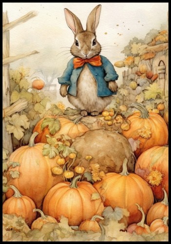 Plakat z królikiem stojącym na dyniach