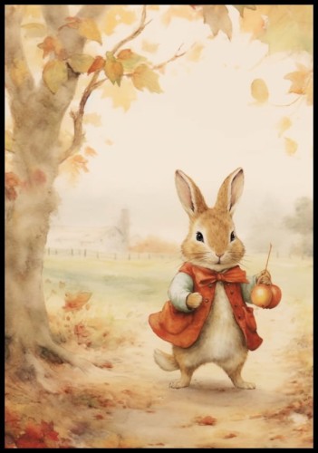 Dziecięcy plakat królika na wiejskiej ścieżce. Obok królika z czerwonej kamizelce znajduje się drzewo gubiące jesienne liście