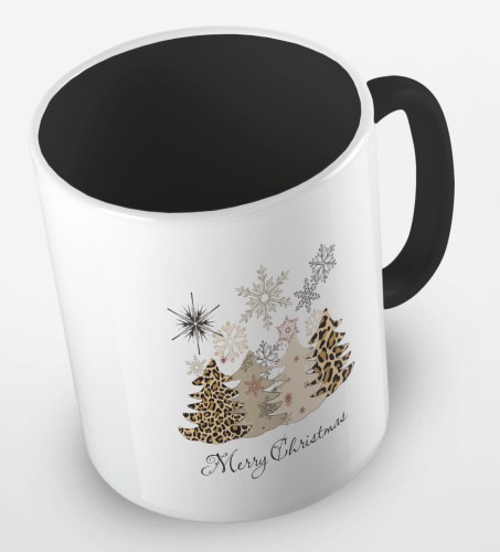 kolorowy kubek z hasłem Merry Christmas i grafiką choinek w panterke - kolor czarny.jpg