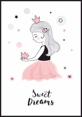 Plakat dla dziewczynki przedstawiający księżniczkę, grafika w pastelowych barwach z hasłem "słodkich snów" po angielsku.