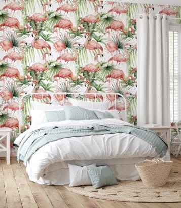Tapeta flamingi wśród zielonych liści wizualizacja w sypialni